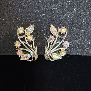 Vintage Coro silver clip-on earrings with Aurora Borealis (AB) rhinestones.